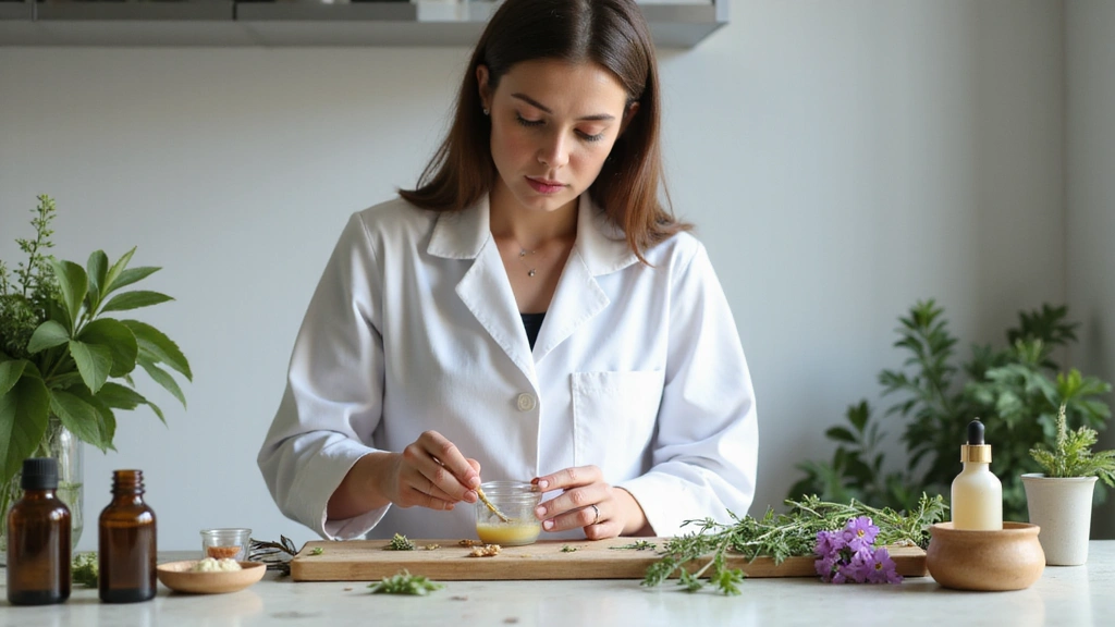 A serene image of a person mixing natural ingredients in a laboratory setting with botanical elements around, symbolizing the origin of Pureveniq.