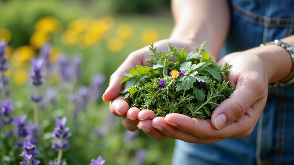 A close-up of vibrant, fresh herbs and flowers being carefully sorted by hands, with a blurred background of a sustainable farm, emphasizing ethical sourcing.