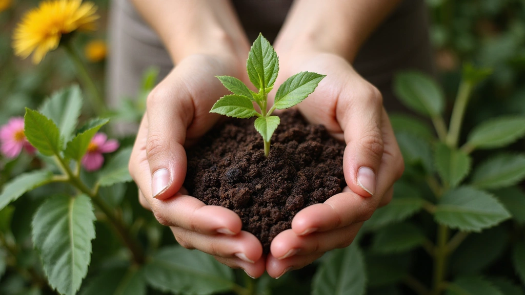 Hands gently holding a small plant with rich soil, symbolizing natural growth and care, against a soft, blurred background of botanical elements, representing Pureveniq's philosophy.