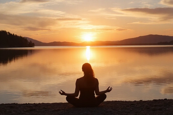 A tranquil scene of a person meditating by a calm lake at sunrise, symbolizing stress reduction and mental well-being.