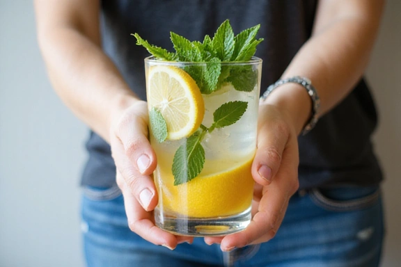 A person enjoying a refreshing glass of water with lemon and mint, symbolizing hydration and detoxification.