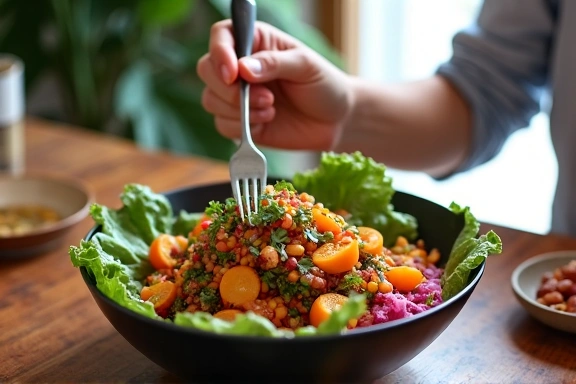 A person enjoying a healthy, colorful meal at a table with natural light, representing mindful eating.