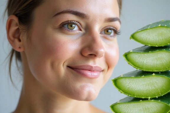 A woman with radiant, healthy skin, surrounded by natural skincare ingredients.