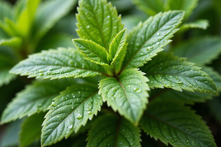 A close-up of fresh, vibrant green leaves with water droplets, symbolizing purity and nature.