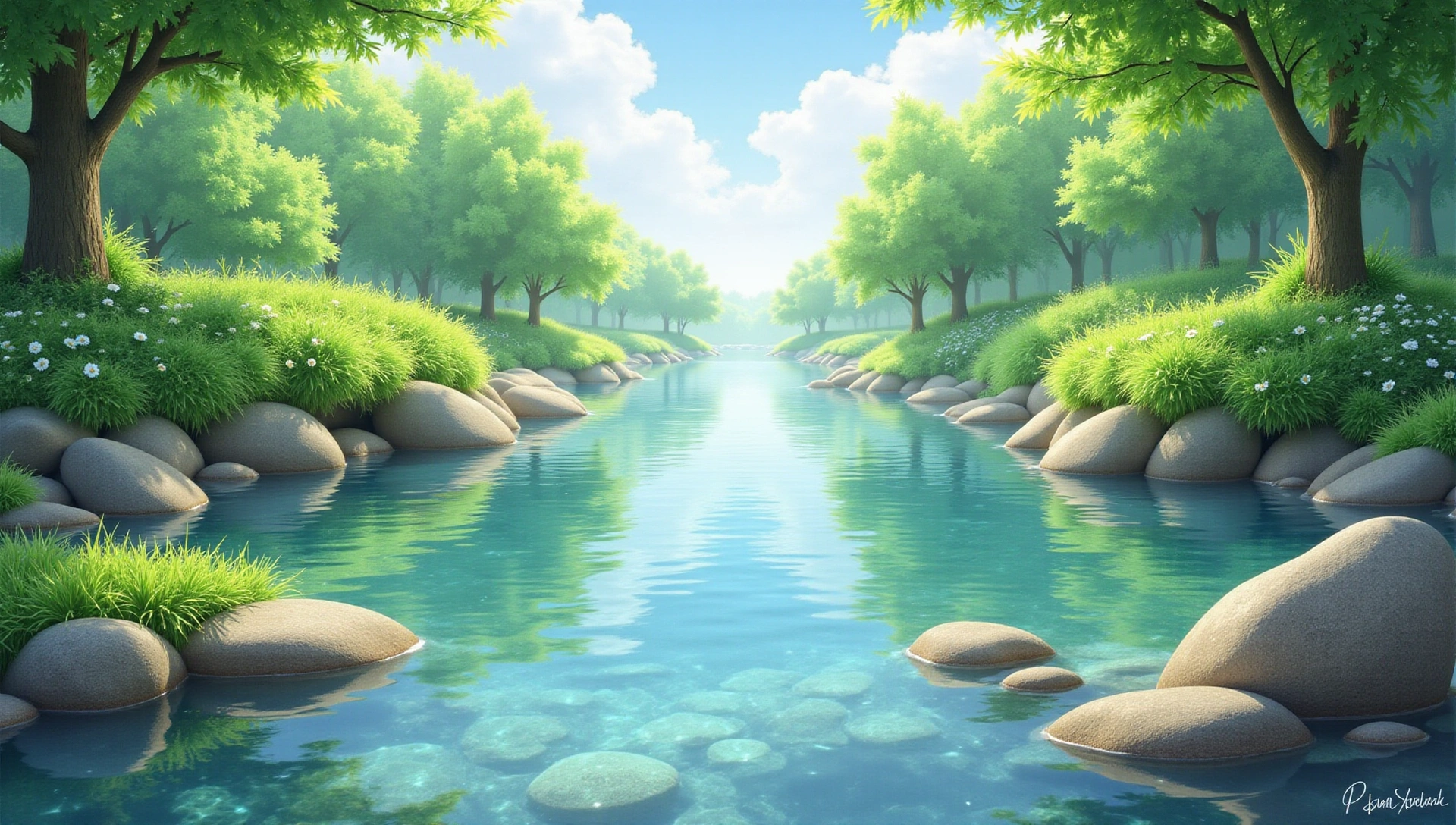 A serene natural landscape with lush greenery and clear water, symbolizing purity and health.