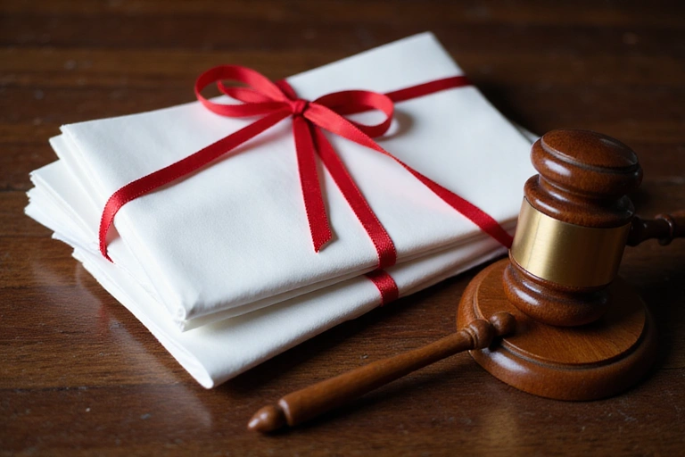 Legal documents and a gavel on a dark wooden table